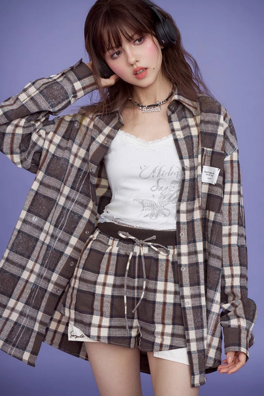 Brown Plaid Long Sleeve Set