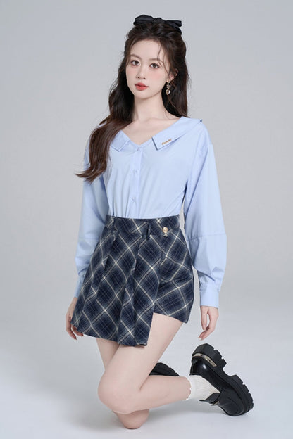 Blue Neck French Loose Shirt Set