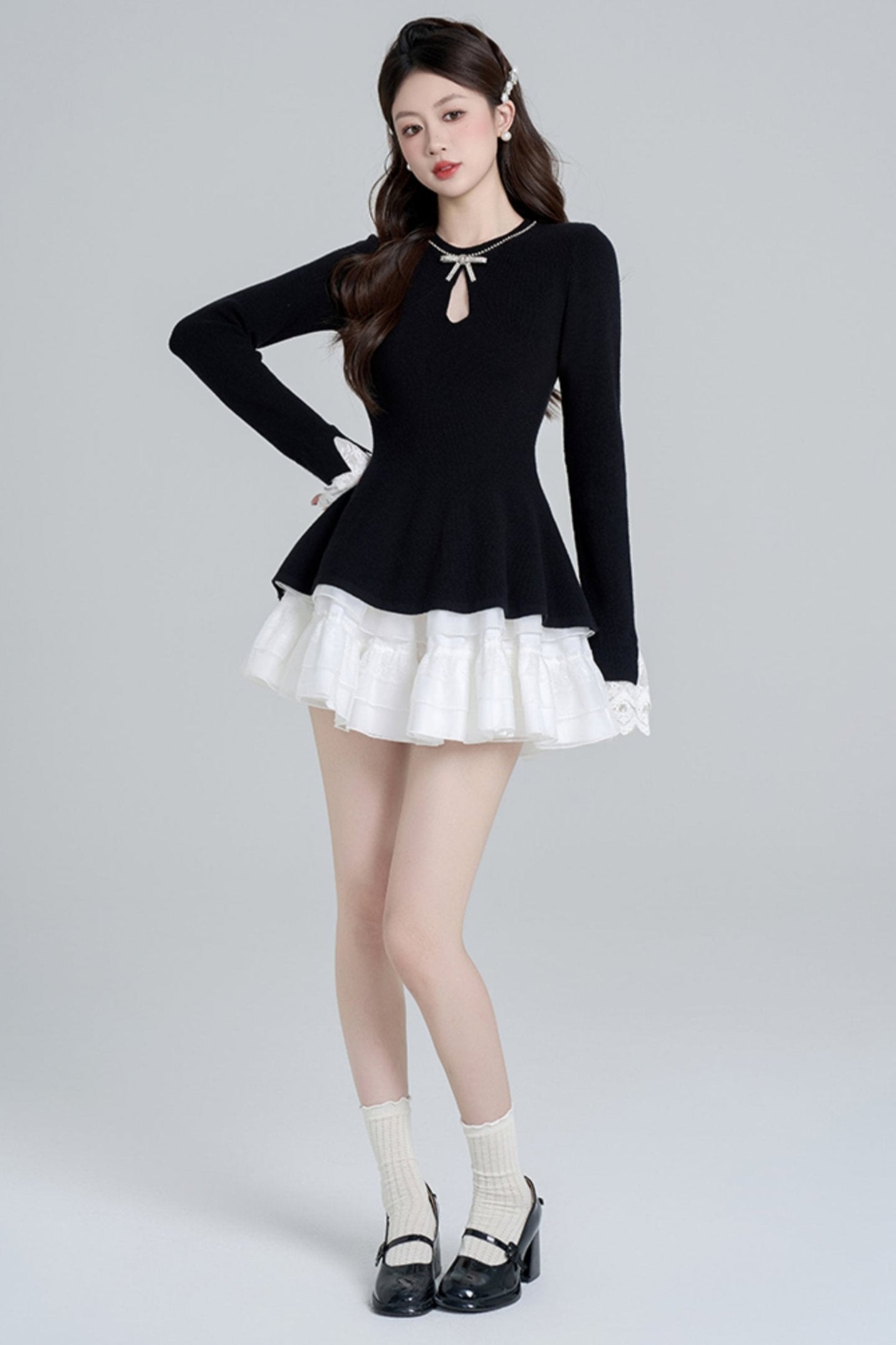 Black Bead Waist Knit + Girly Skirt + Waist Chain