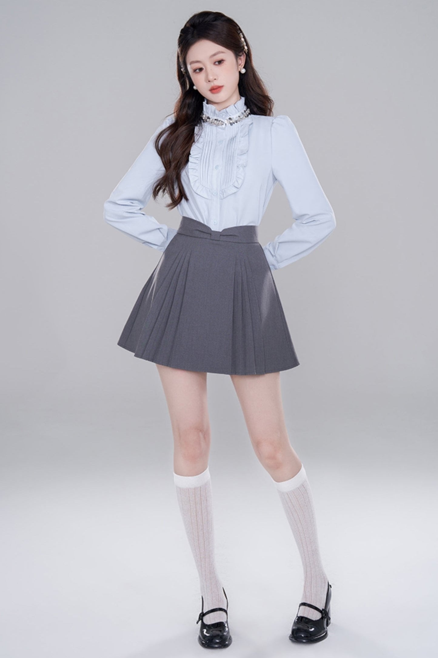 Blue Stand Collar French Top Set