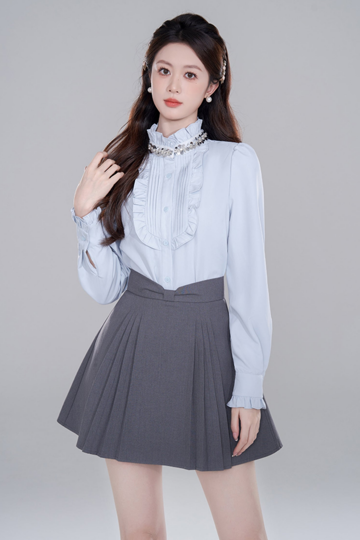 Blue Stand Collar French Top Set