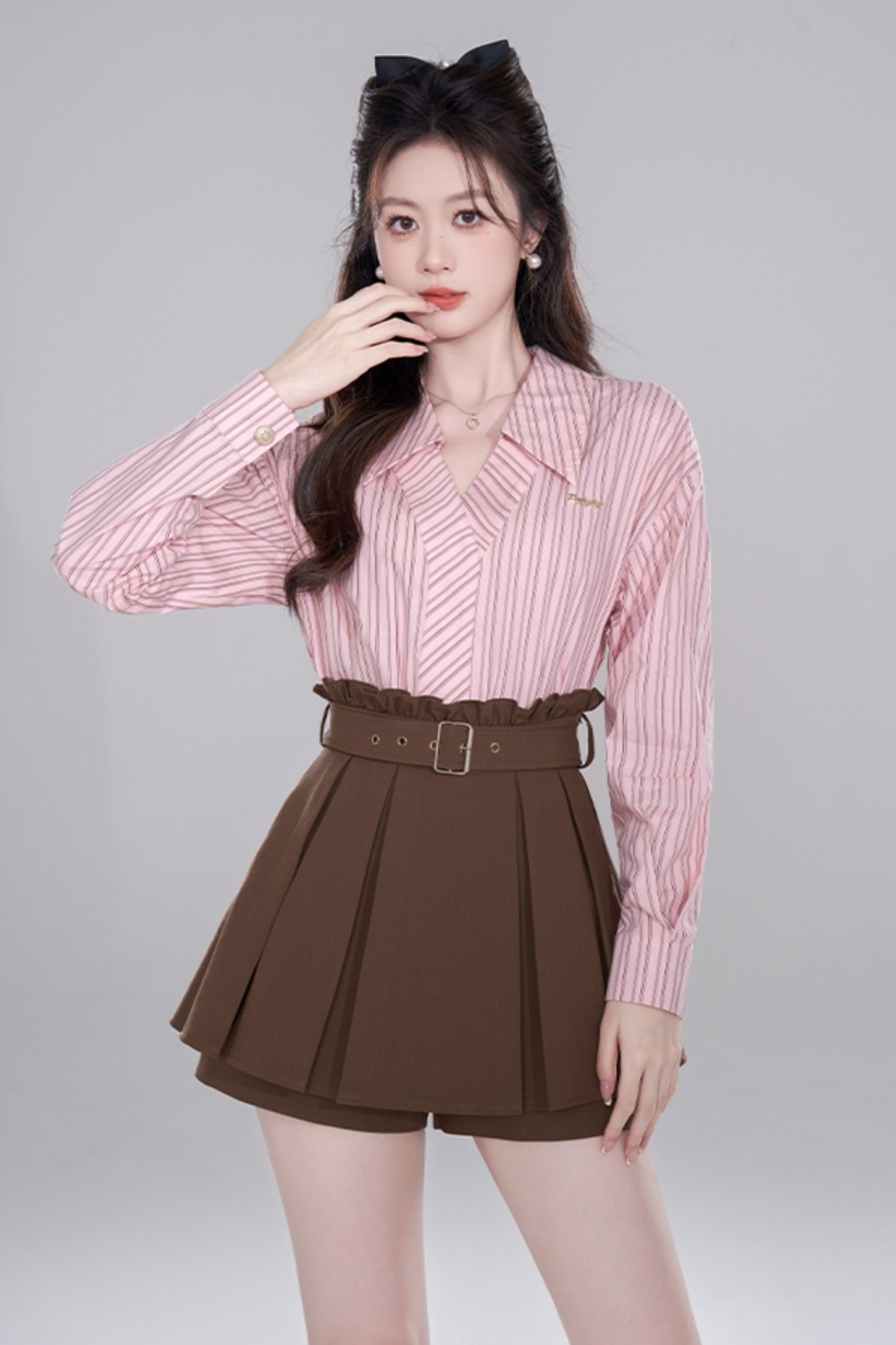 Pink Stripe Neck Long Sleeve Shirt Set