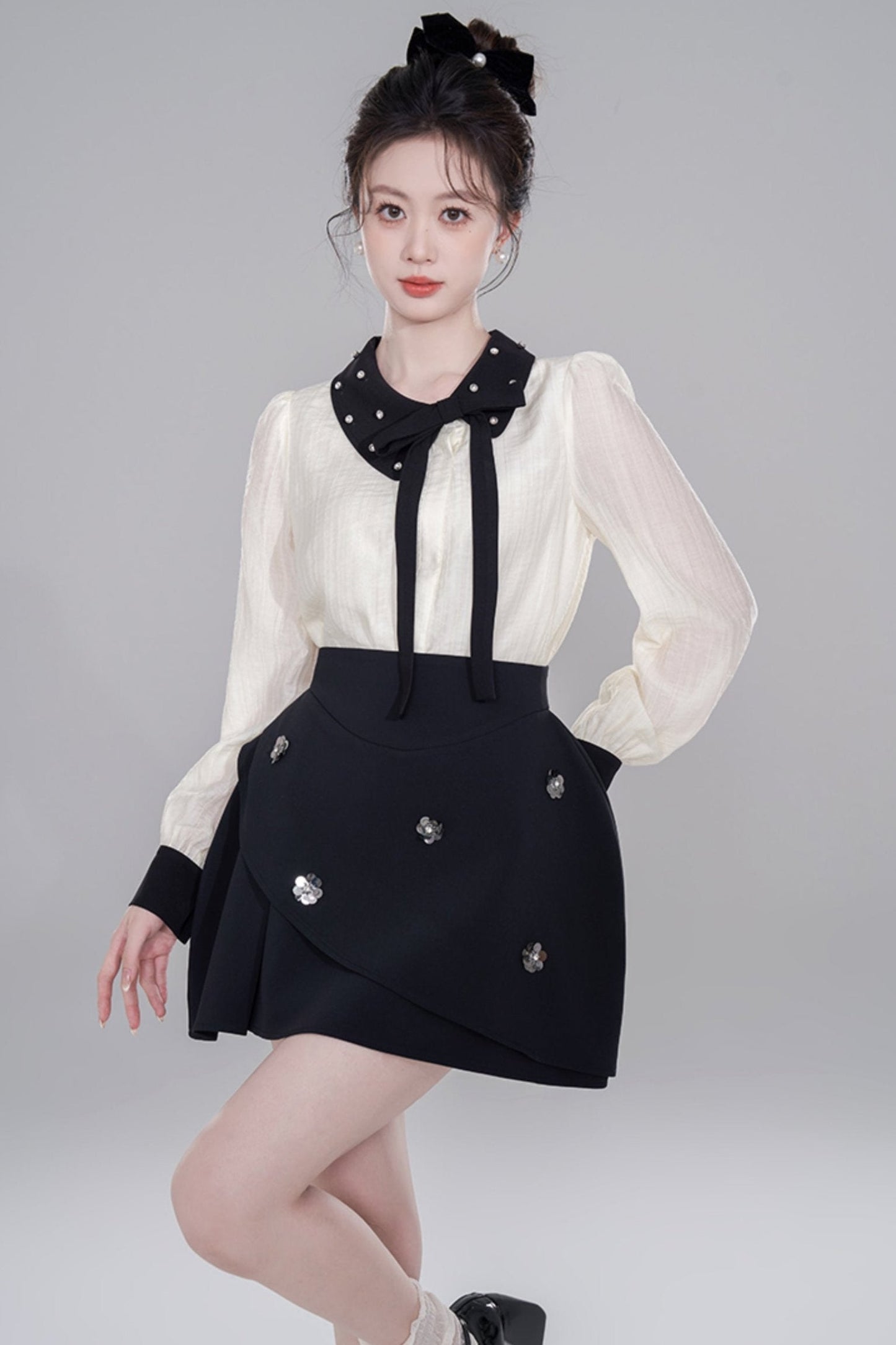 Korean Long Sleeve Cropped Shirt Set