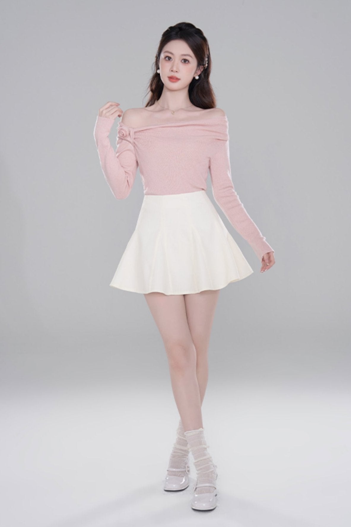 One Shoulder Color Knit Sweater Set