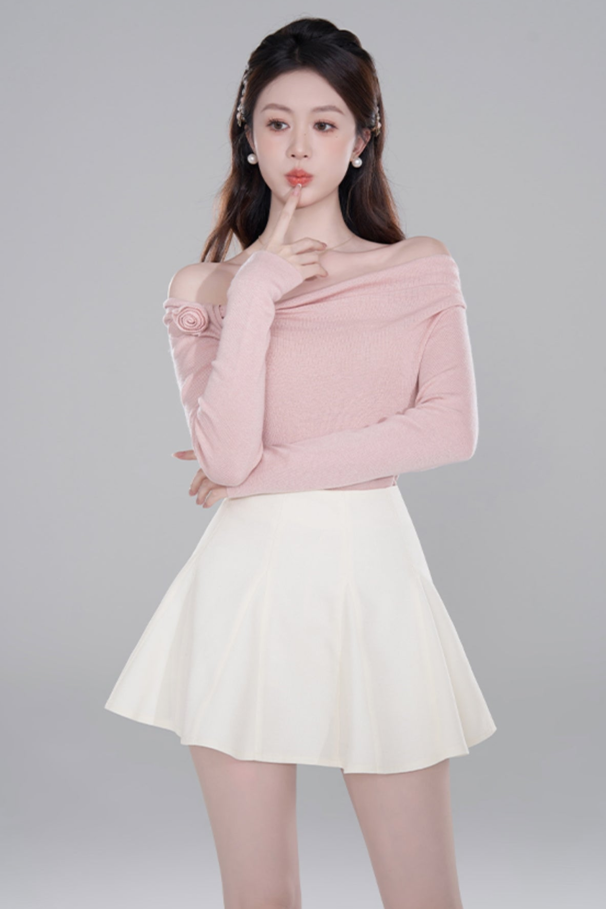 One Shoulder Color Knit Sweater Set