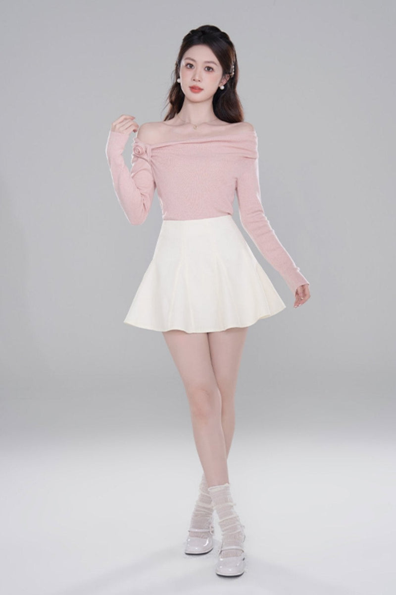 One Shoulder Color Knit Sweater Set