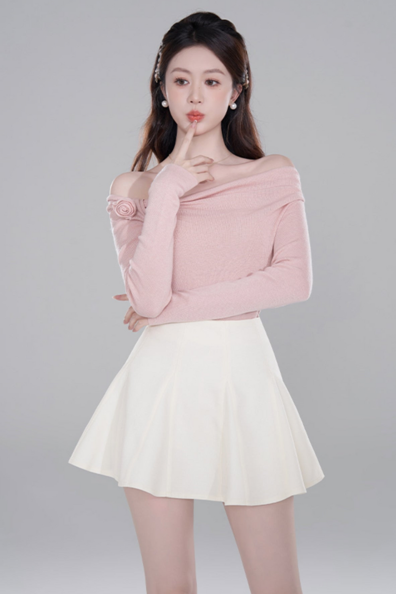 One Shoulder Color Knit Sweater Set