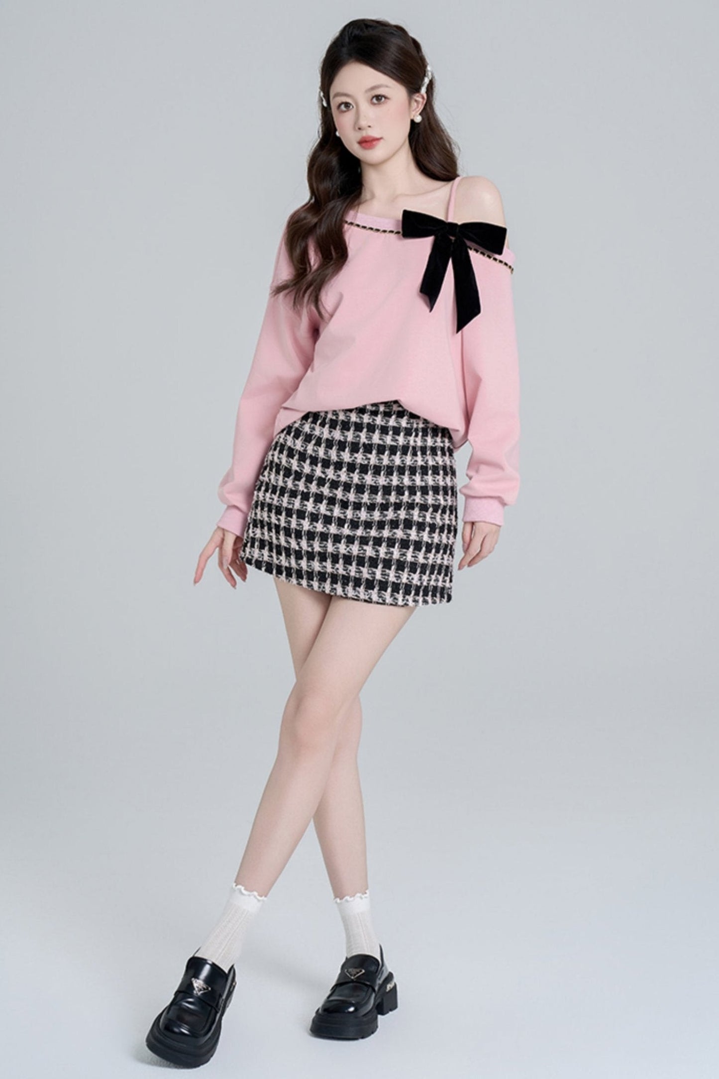 Pink Slant Shoulder Loose Sweatshirt Set
