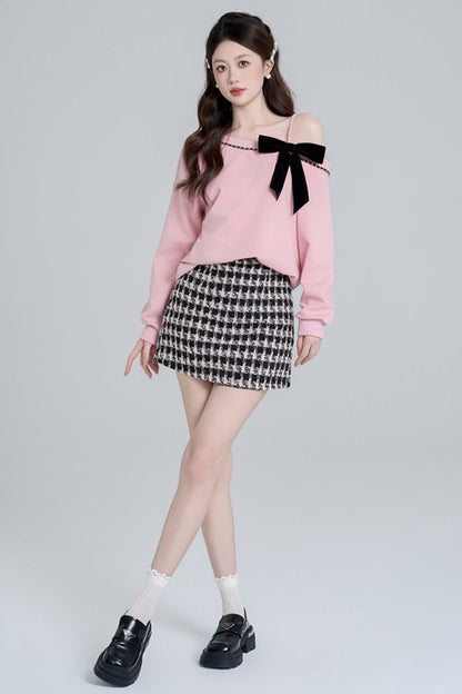 Pink Slant Shoulder Loose Sweatshirt Set