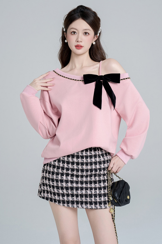 Pink Slant Shoulder Loose Sweatshirt Set