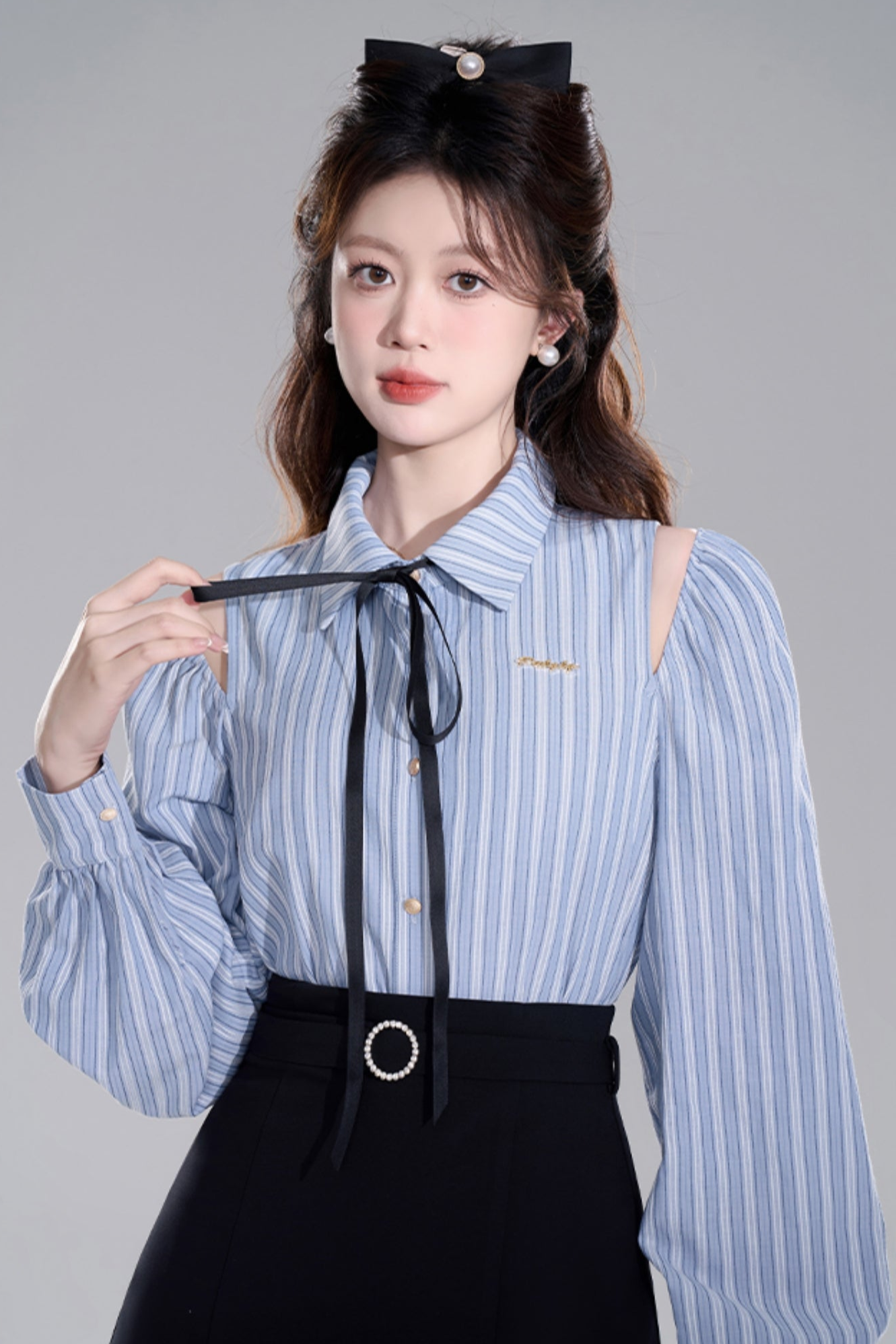 Blue Stripe Off-shoulder Crop Set