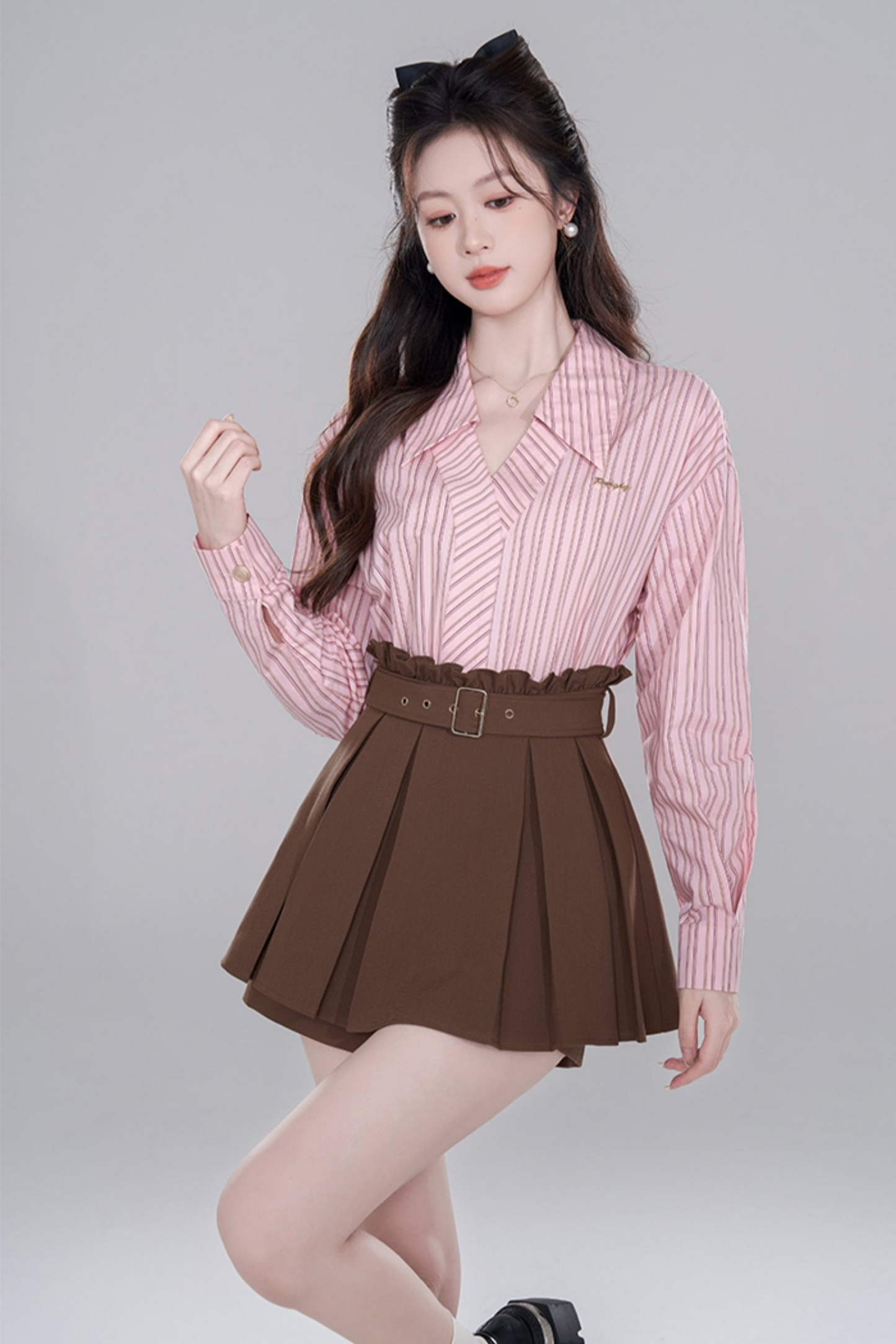 Pink Stripe Neck Long Sleeve Shirt Set