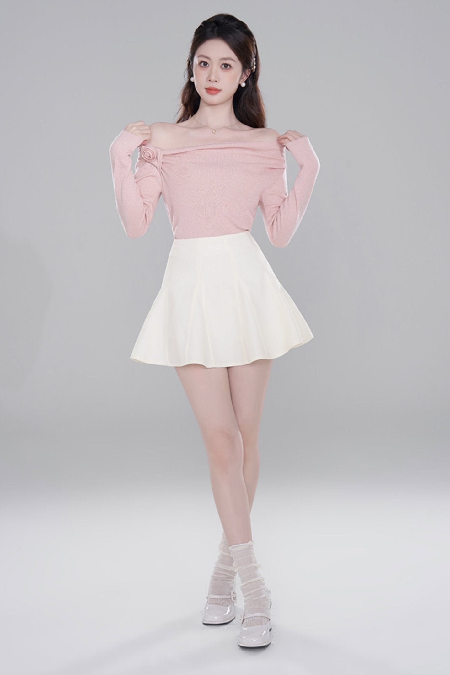 One Shoulder Color Knit Sweater Set