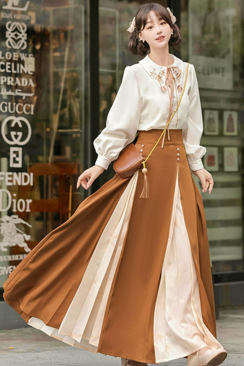 Retro Autumn Chinese Vest + Shirt + Skirt