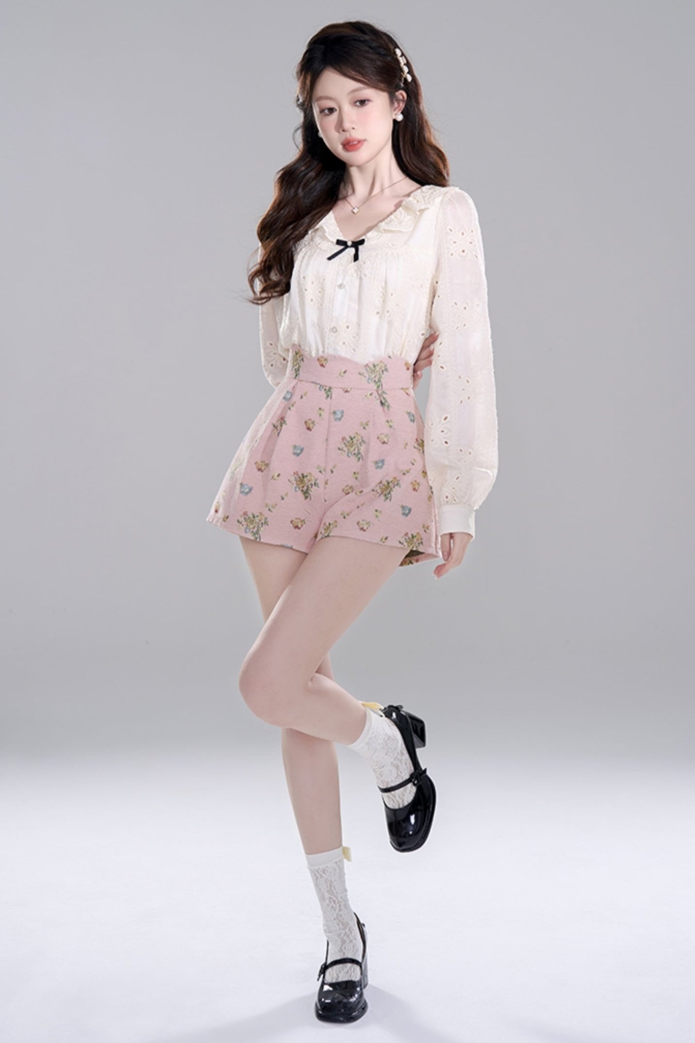 Apricot Ruffle Long Sleeve Shirt Set