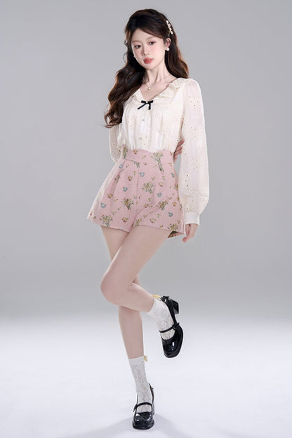 Apricot Ruffle Long Sleeve Shirt Set