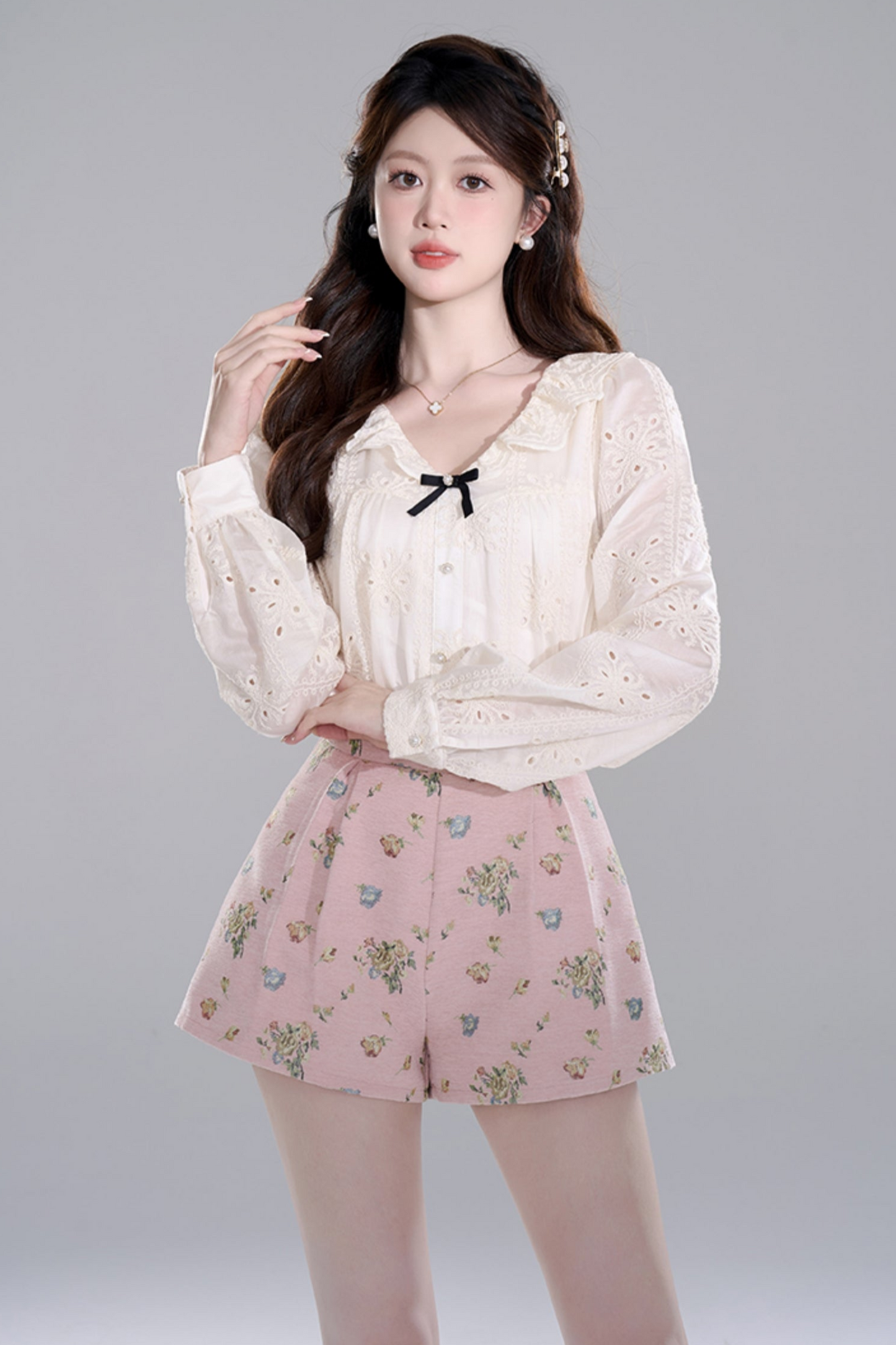 Apricot Ruffle Long Sleeve Shirt Set