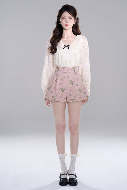 Apricot Ruffle Long Sleeve Shirt Set