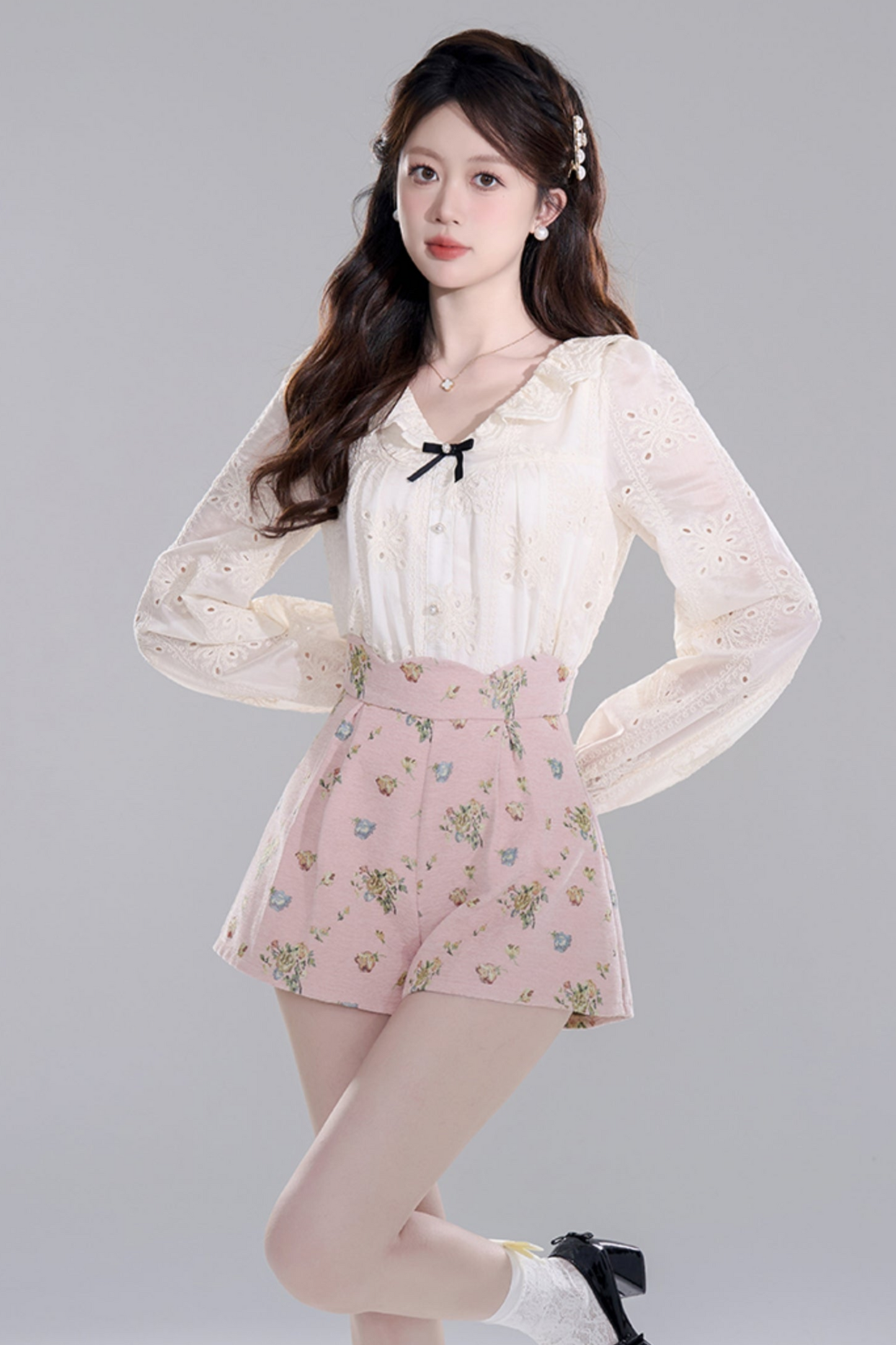 Apricot Ruffle Long Sleeve Shirt Set