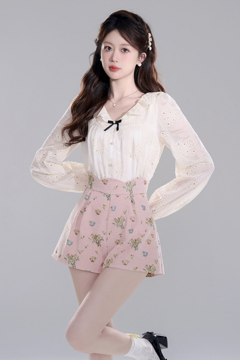 Apricot Ruffle Long Sleeve Shirt Set