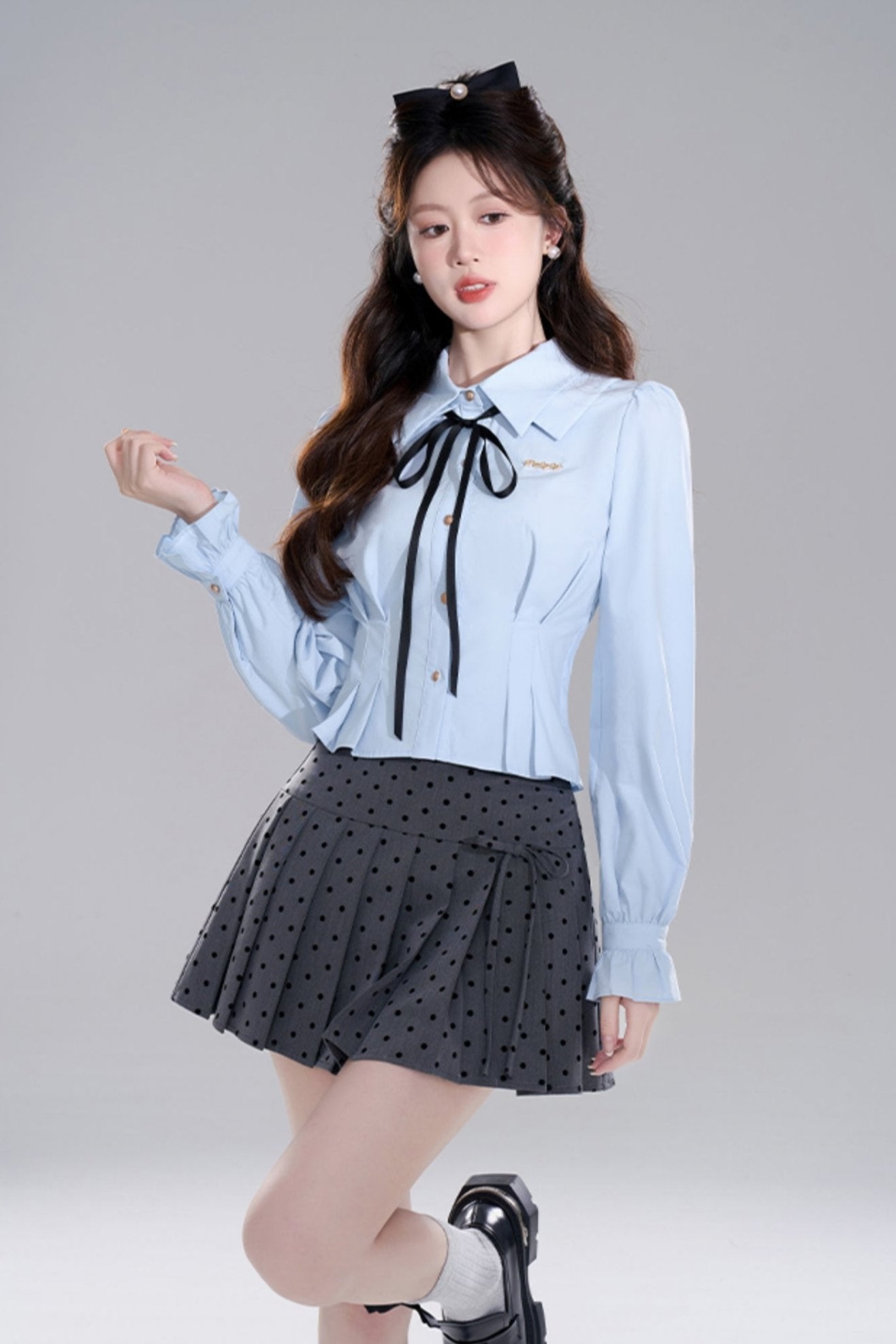 Blue Preppy Two-piece Shirt Skirt Set