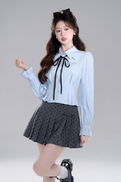 Blue Preppy Two-piece Shirt Skirt Set