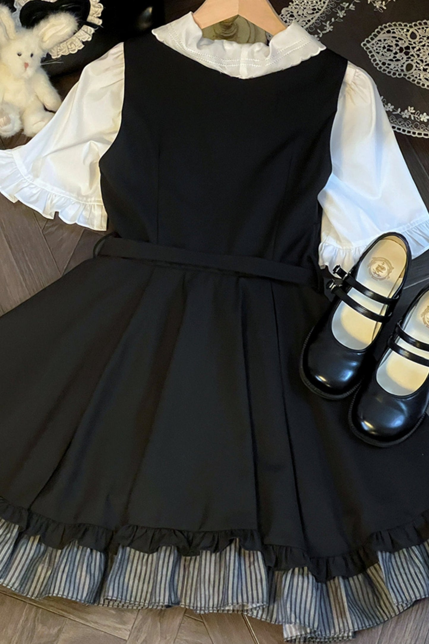 White Top Black Strap Dress Set