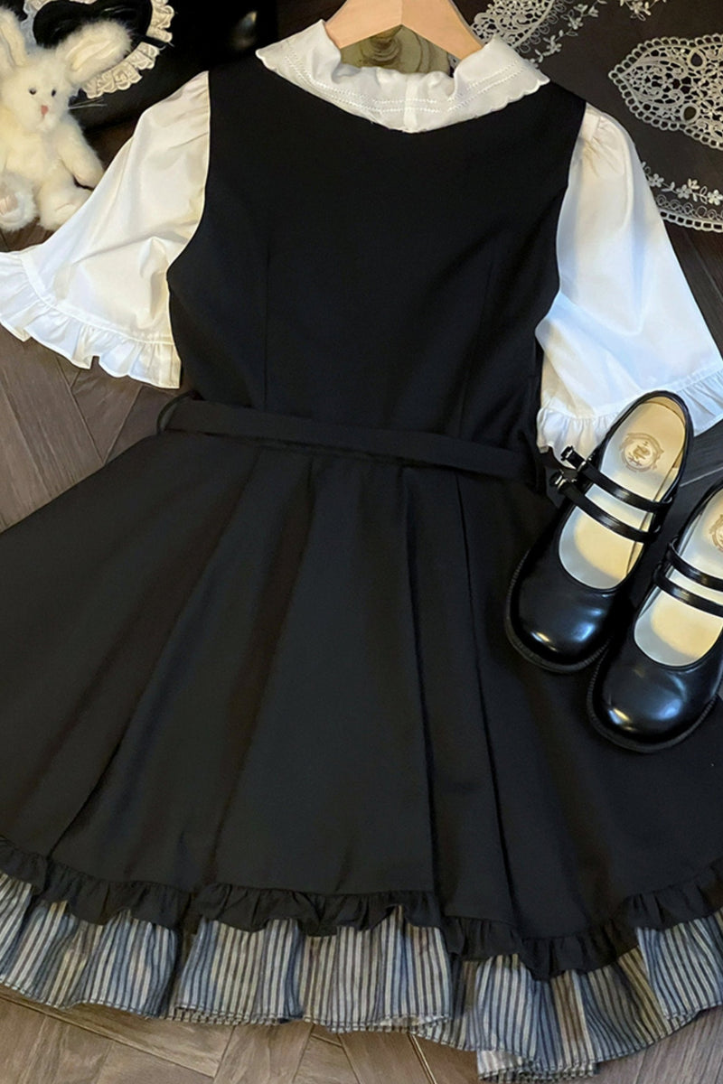 White Top Black Strap Dress Set