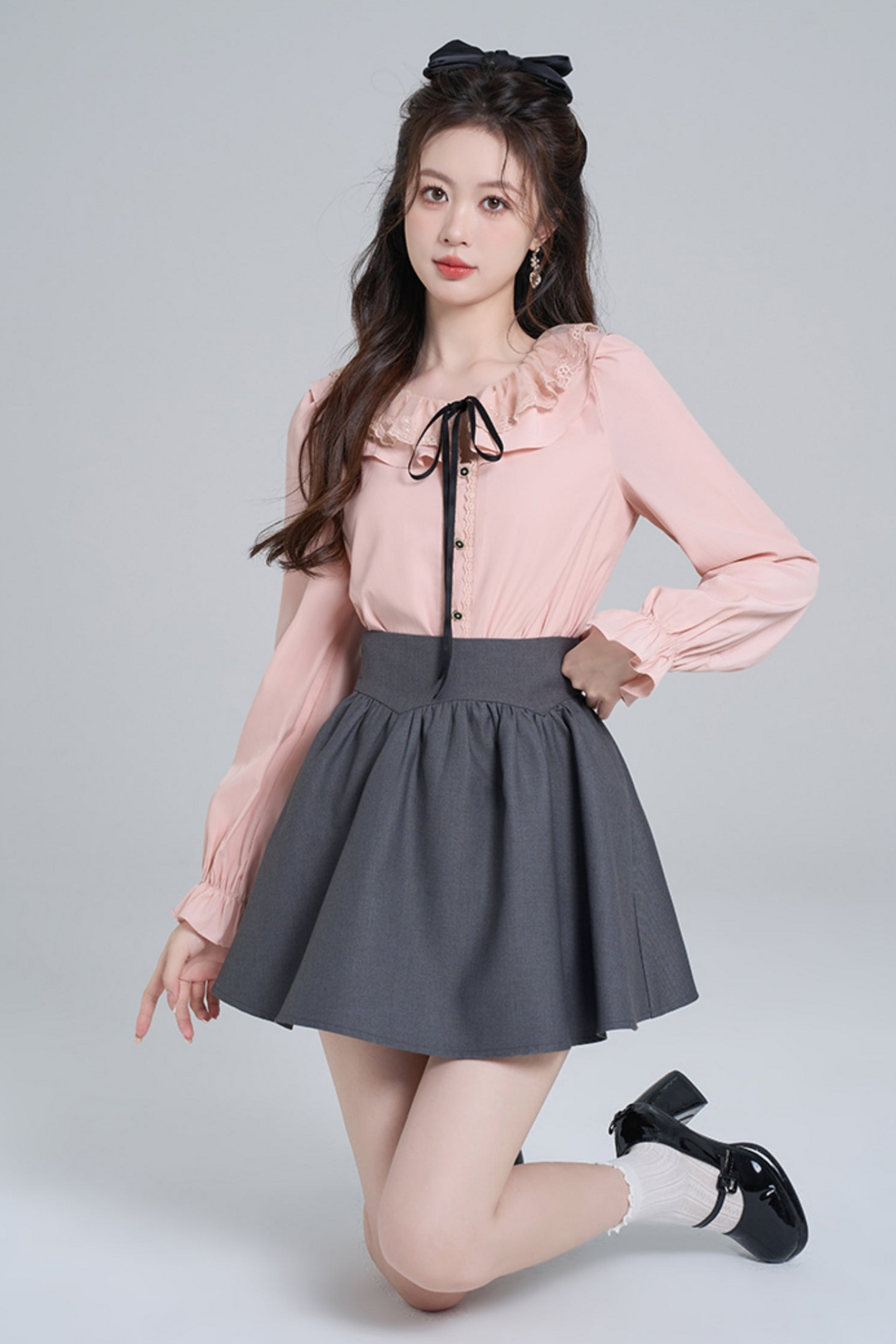 Pink Ruffle Loose Lace Shirt Set