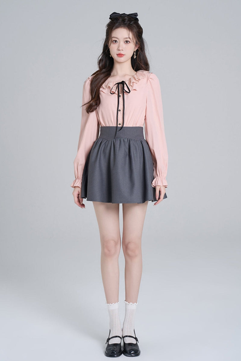 Pink Ruffle Loose Lace Shirt Set