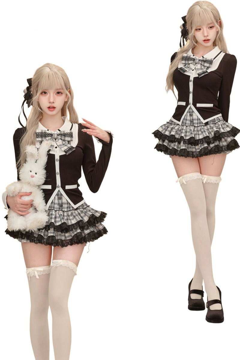 Black Knit Cardigan Tiered Skirt Set