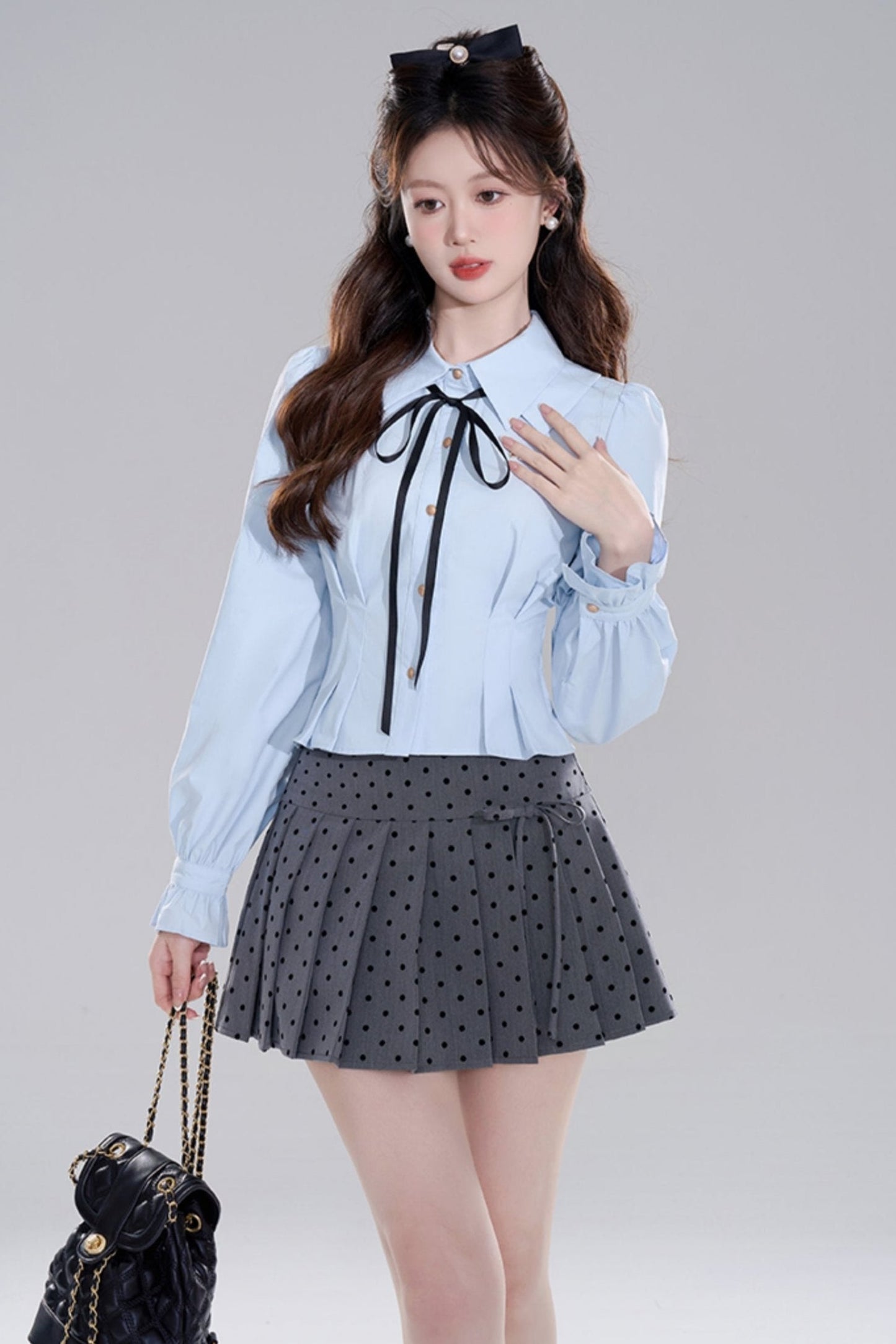 Blue Preppy Two-piece Shirt Skirt Set