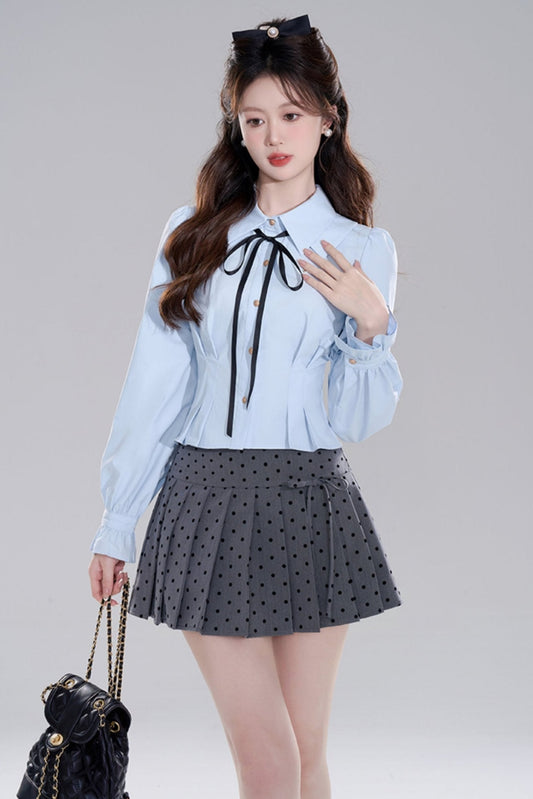 Blue Preppy Two-piece Shirt Skirt Set
