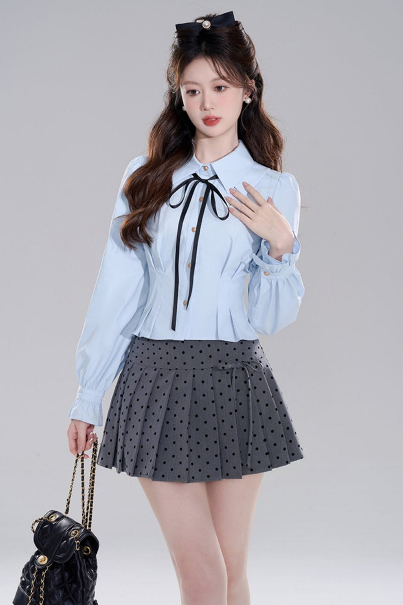 Blue Preppy Two-piece Shirt Skirt Set