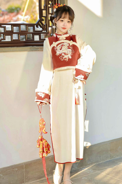 Modified Red Chinese-style Vest + Long Dress