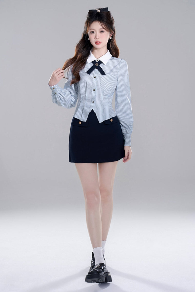 Blue Striped Preppy Long Sleeve Crop Set