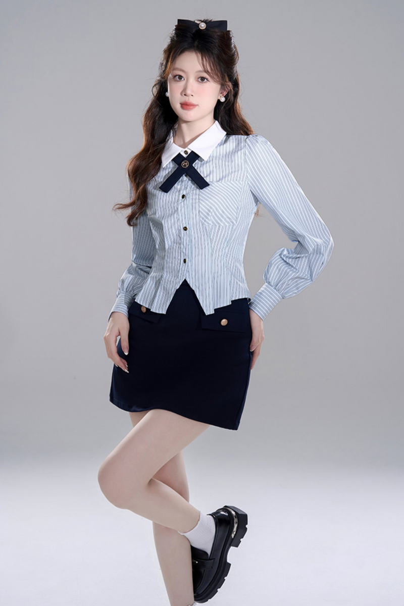 Blue Striped Preppy Long Sleeve Crop Set