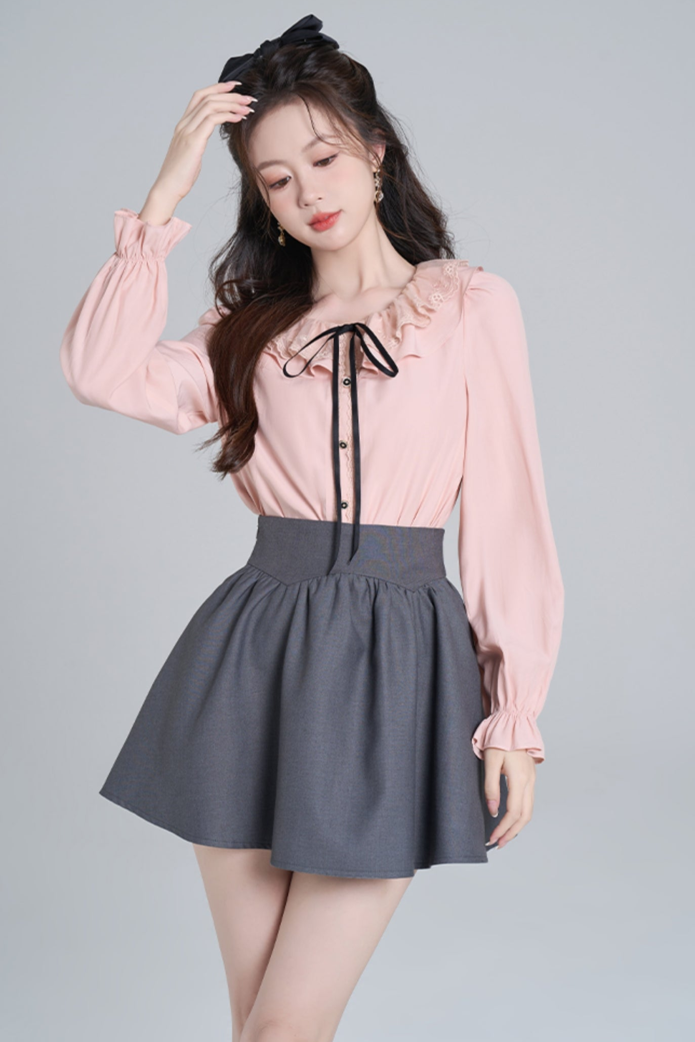 Pink Ruffle Loose Lace Shirt Set