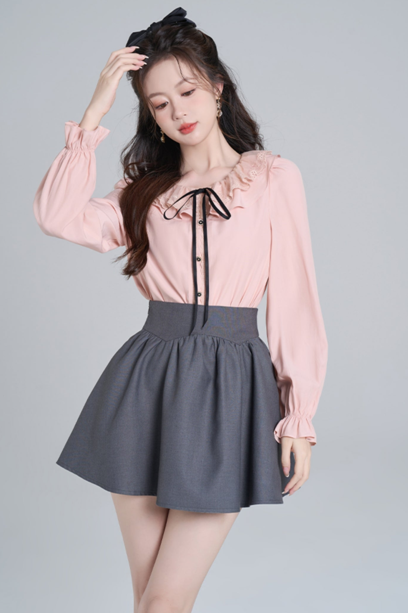 Pink Ruffle Loose Lace Shirt Set