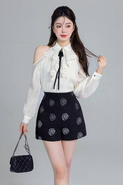 French Lace Off-shoulder Shirt Set