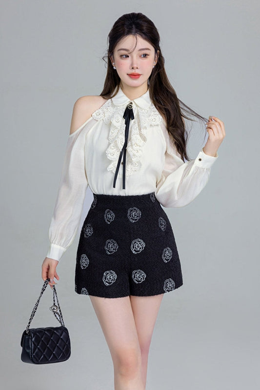 French Lace Off-shoulder Shirt Set