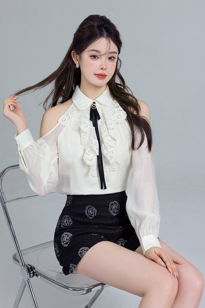 French Lace Off-shoulder Shirt Set