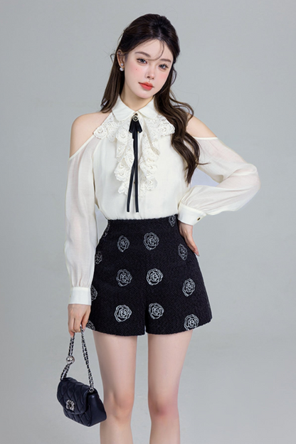 French Lace Off-shoulder Shirt Set