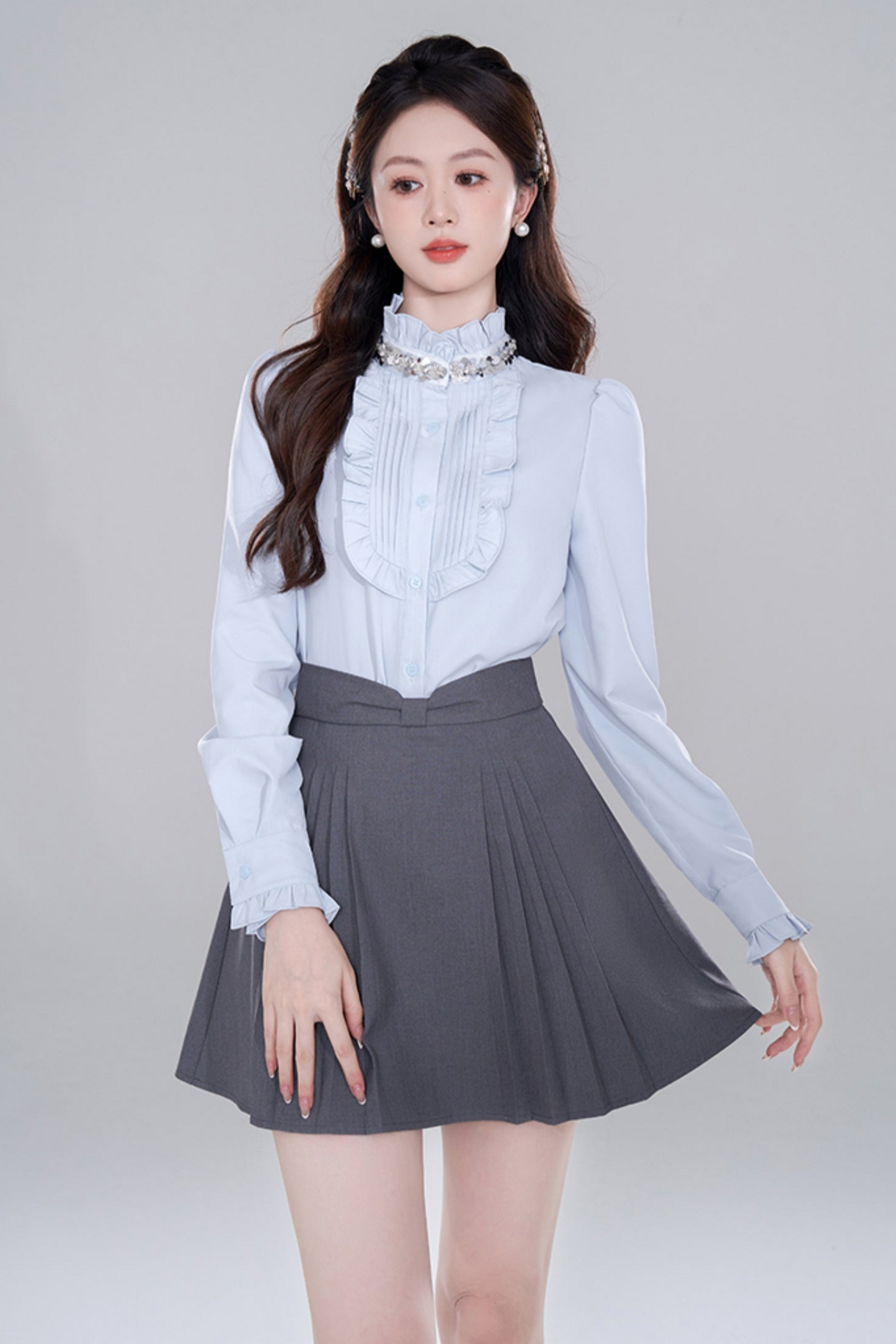 Blue Stand Collar French Top Set