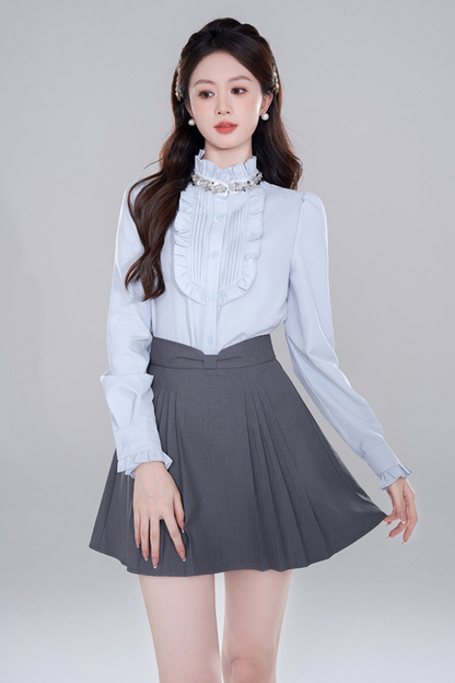 Blue Stand Collar French Top Set