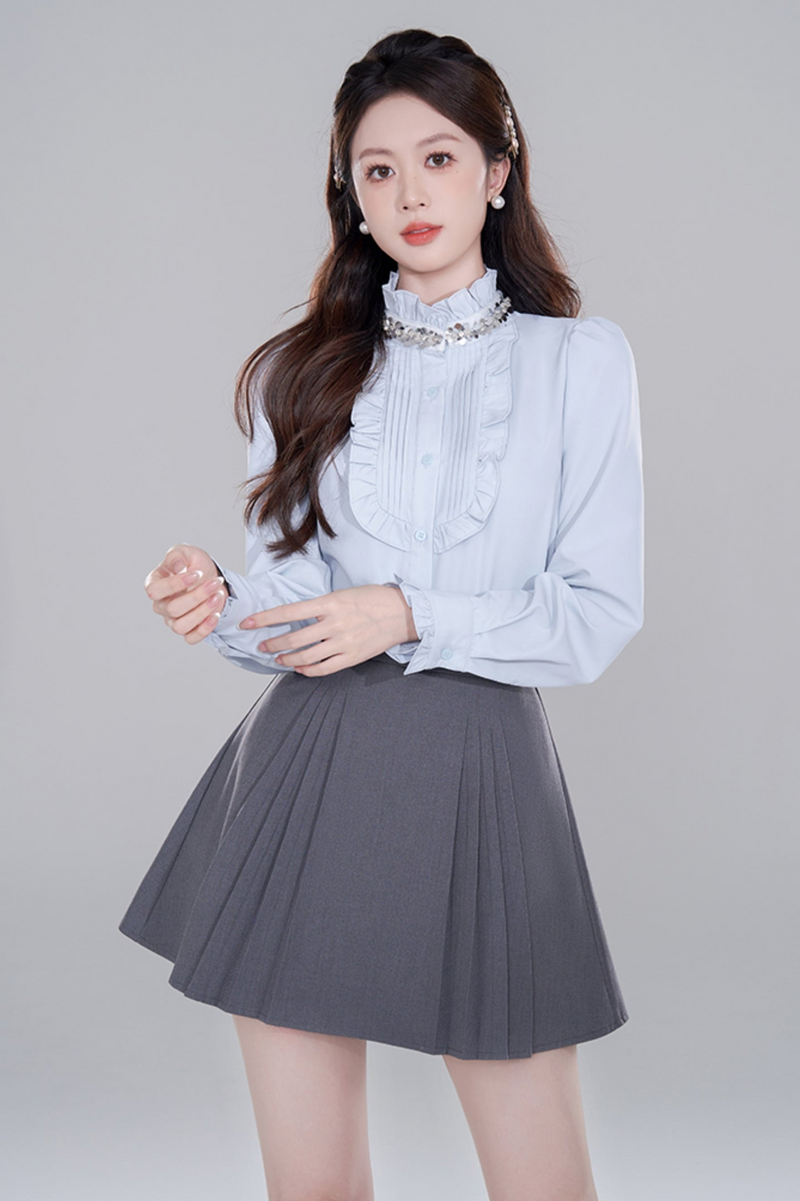 Blue Stand Collar French Top Set