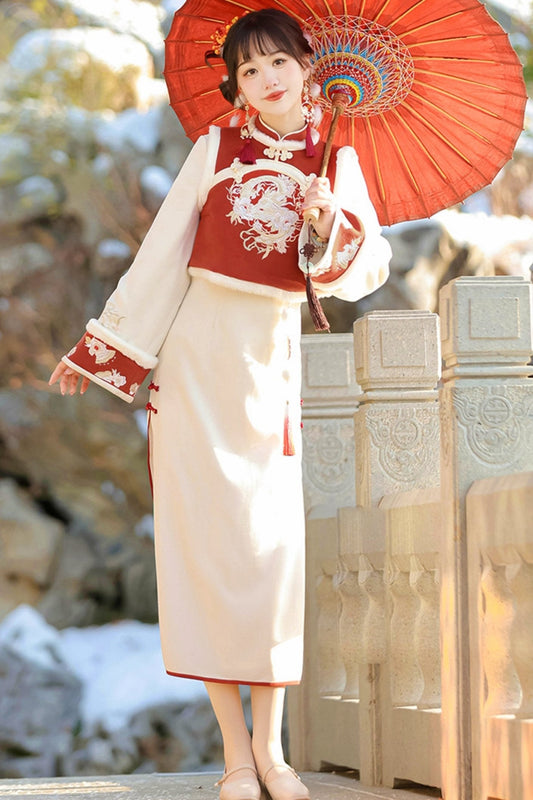 Modified Red Chinese-style Vest + Long Dress