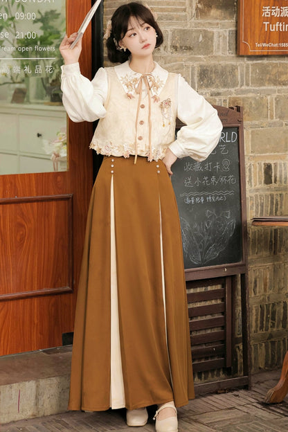 Retro Autumn Chinese Vest + Shirt + Skirt