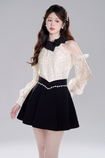 Polka Dot Off-shoulder Chiffon Top Set