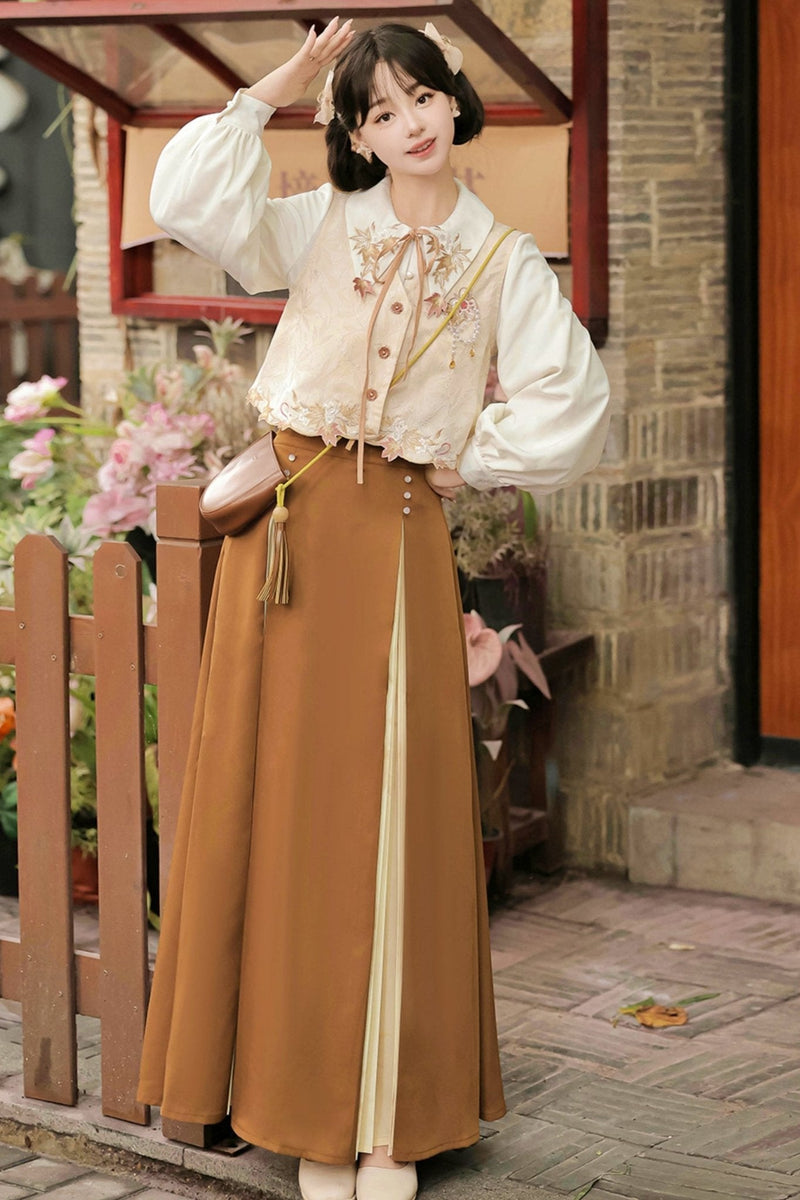 Retro Autumn Chinese Vest + Shirt + Skirt